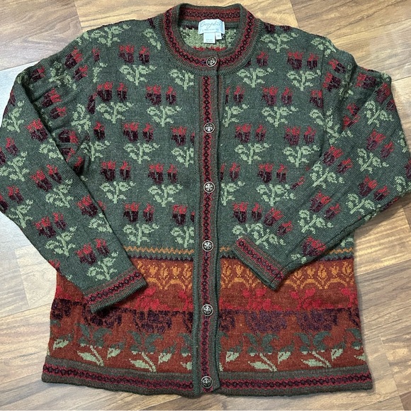 Cherry Lewis Sweaters - Vintage Cherry Lewis Women's M Wool Blend Floral Nordic Patter Cardigan Sweater